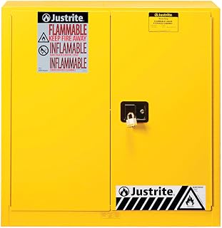 Justrite 40 Gallon Manual Close Paint and Ink Safety Cabinet, 18 Gauge Steel, 3 Shelves, 43" x 44" x 18", 2 Door Combustibles Cabinet, Made in The USA, Yellow, 893010
