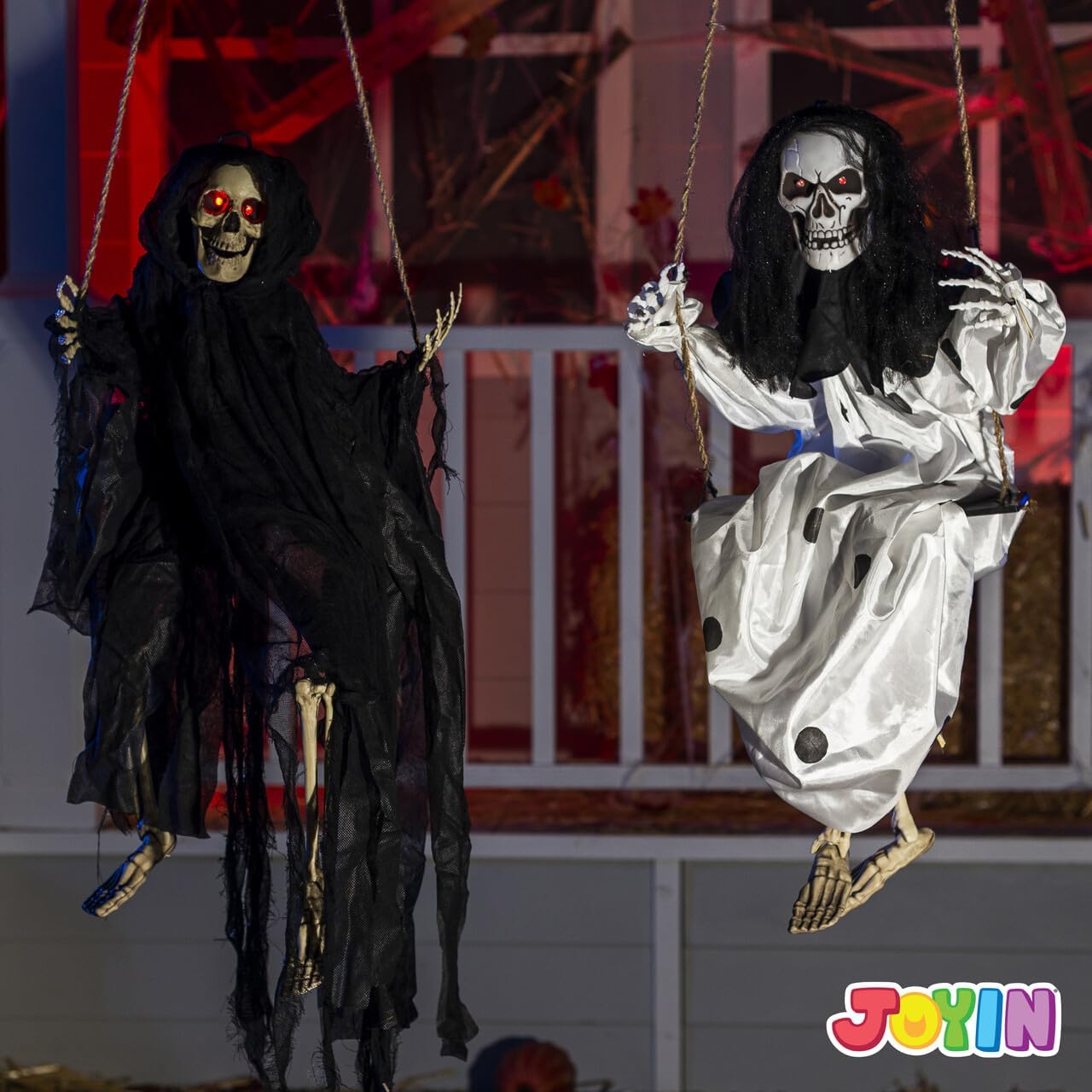 JOYIN 2 sztuki świecących duchów na Halloween z oświetlonymi oczami, kołyszący się szkielet, duchy, dekoracja zewnętrzna, czarno-białe latające duchy na podwórko, patio, trawnik, ogród, przyjęcie