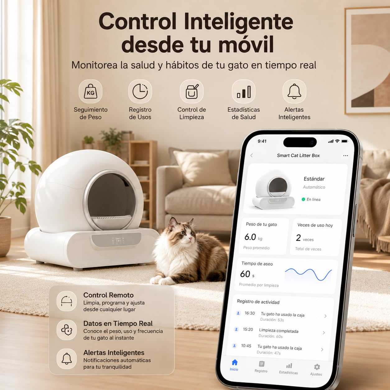 Arenero Automático para Gatos, 65L Gran Capacidad, Autolimpiable con Control App, Sensores de Seguridad Inteligentes, Eliminación de Olores, Ideal para Varios Gatos