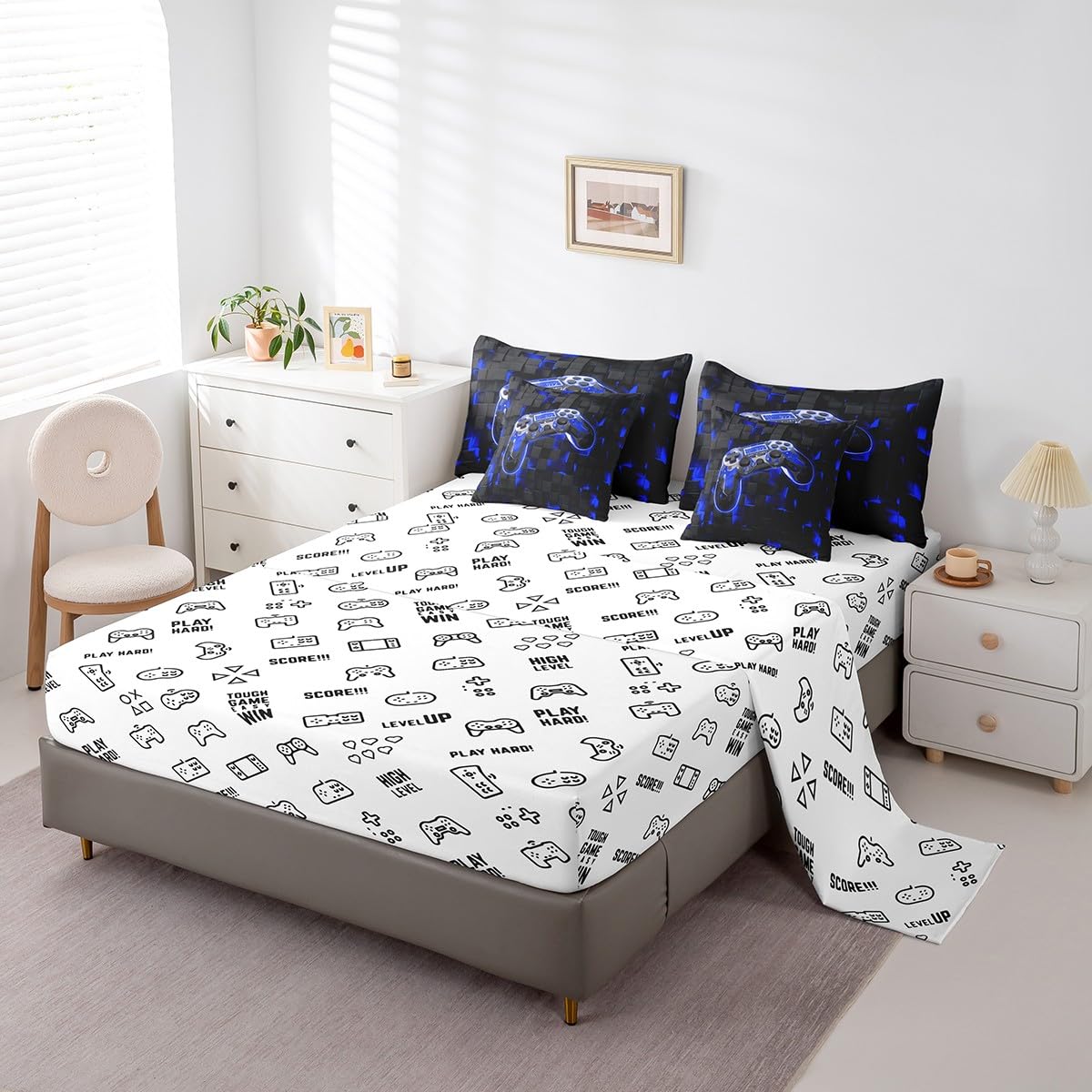 7Pcs Kids Bedding Set Twin Size Gamer Console Comforter Set Bed-in-a-Bag Black and Blue Cool Gamepad Gaming Bed Comforter-1 Comforter,1 Flat Sheet,1 Fitted Sheet,2 Pillowcases,2 Throw Pillow Covers 3