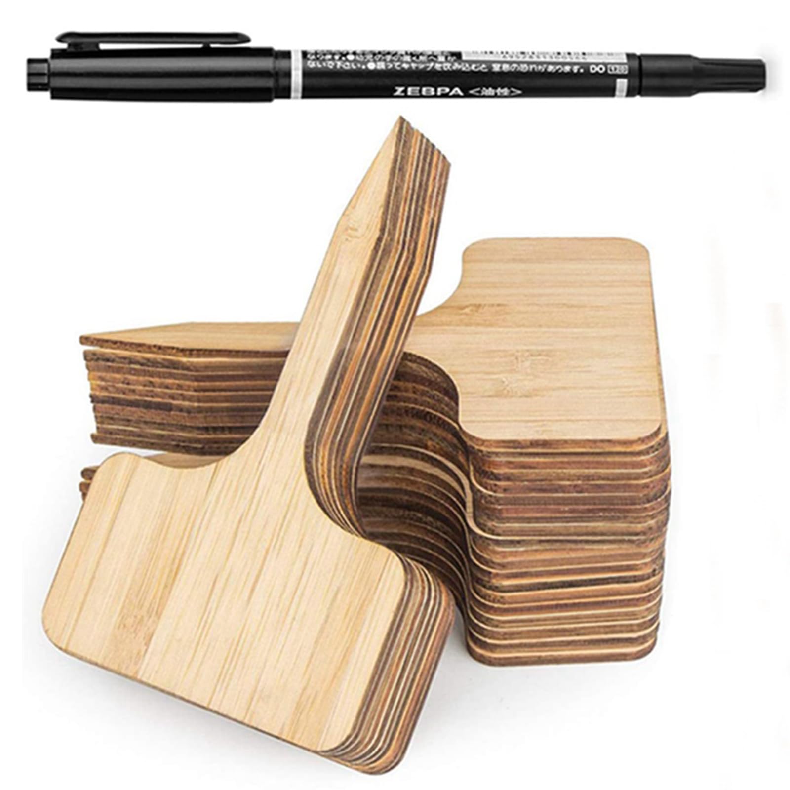 50Pcs Natural Bamboo Plant Labels with 1Pcs Marker Pen, 10x6cm T-Type Wooden Plant Labels for Outdoor Plants, Potted Seeds, Herbs & Flowers, Garden Markers Set Includes Waterproof Pen