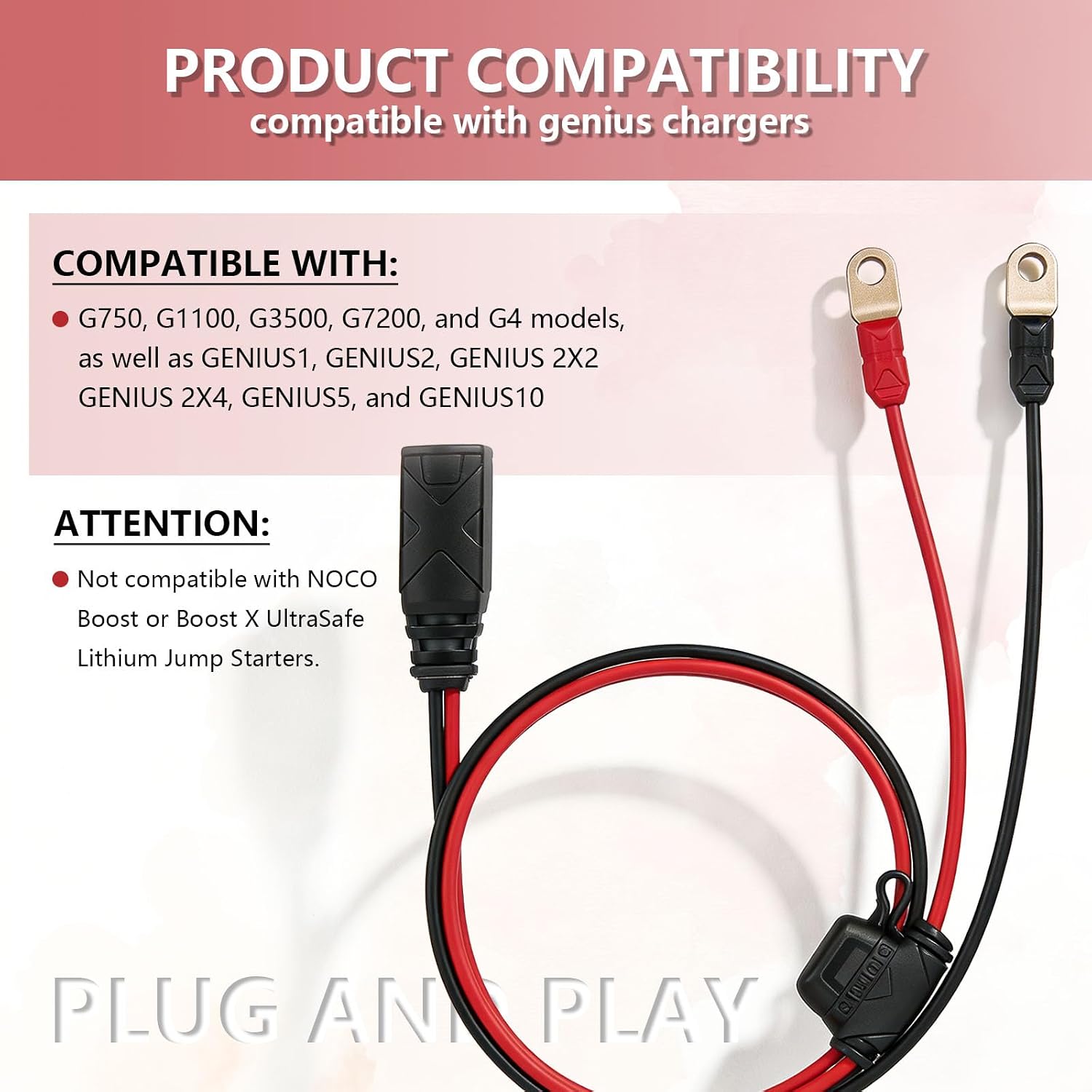 2 Pack GC002 X-Connect fit for NOCO Battery Charger Accessories for GENIUS1, GENIUS2, M6 (1/4in) XL Eyelet Terminal, Smart Batteries Trickle Charger Cable with Two 20A fuses