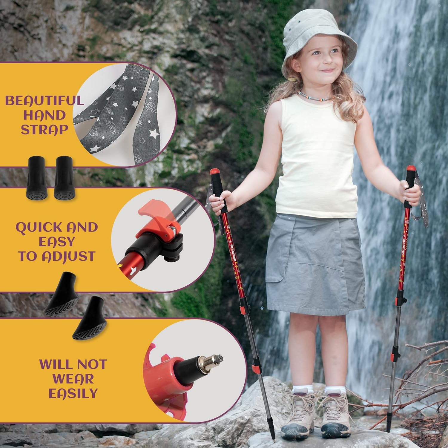 G2 Kid's Hiking Poles – Adjustable Telescopic Trekking Poles for Children/Aluminum Alloy/Adjustable Strap/Quick Flip Lock/ (Pack of 2 Poles/Storage Bag), Green/Blue/Red