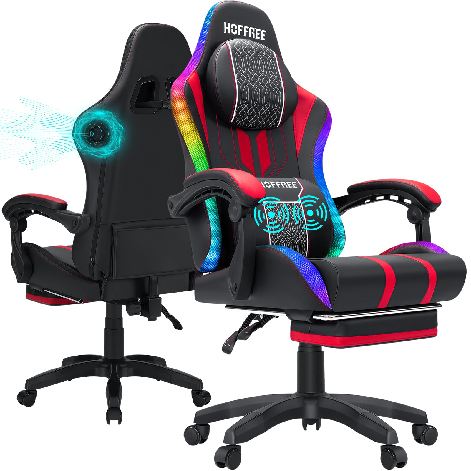Led Gaming Chair with Speakers and Massage Video Game Chair Big and Tall for 400lbs with Footerst Reclining High Back Computer Desk Chair Red and Black