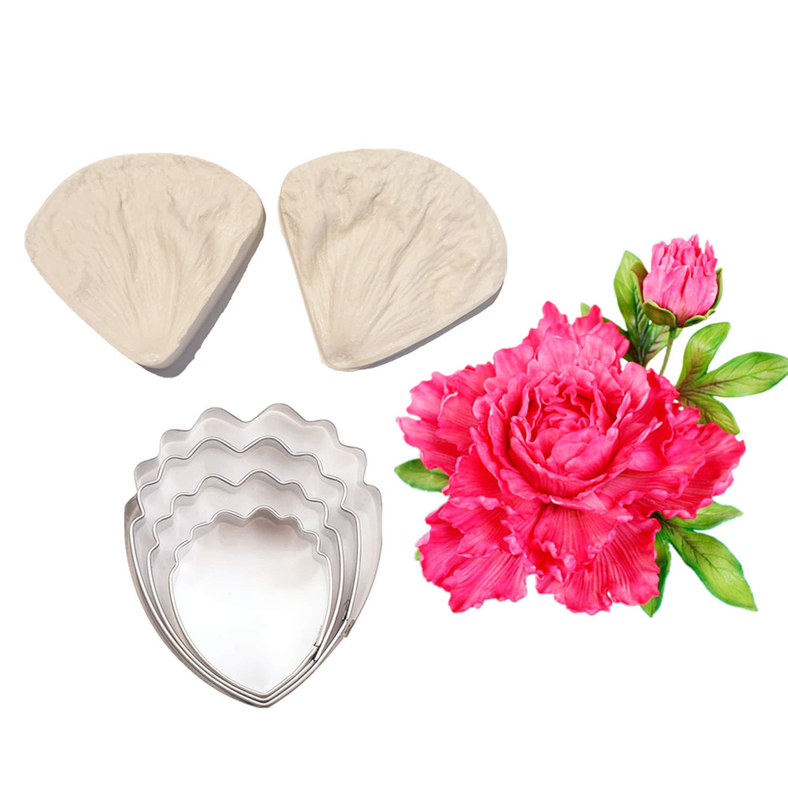 kulepin 4pcs Fondant Peony Flower Stainless Steel Cutter Set 2pcs Gum paste Silicone Mold Sugarcraft Flower Veining Mold Making Tool for Wedding Cake Decorating, Chocolate, Sugar, Soap