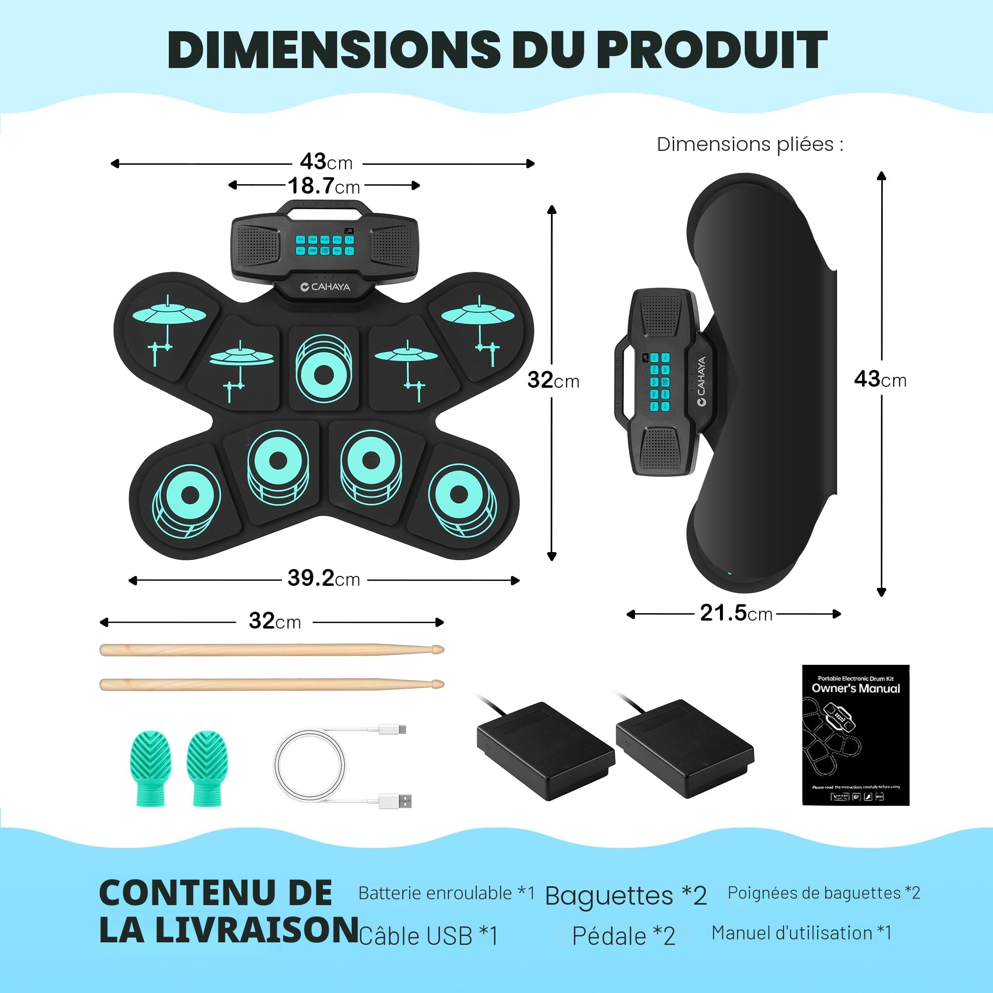 CAHAYA Kit Batterie Électronique Portable: 9 Pads Enroulables, Haut-Parleur Intégré, Compatible MIDI, Baguettes et Pédales, Bleu