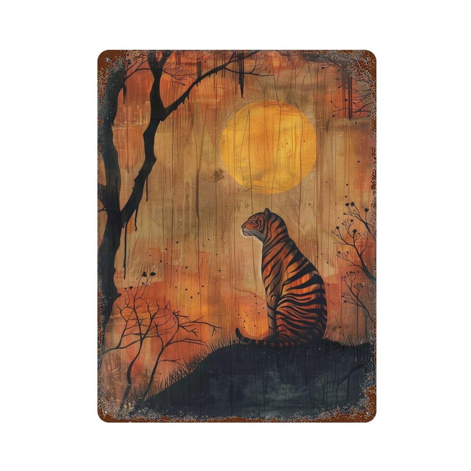 Garage Style Twilight Tiger Aged Metal Wall Plaque 15.7"x11.8", Decorative Metal Wall Art for Bar And Workshop