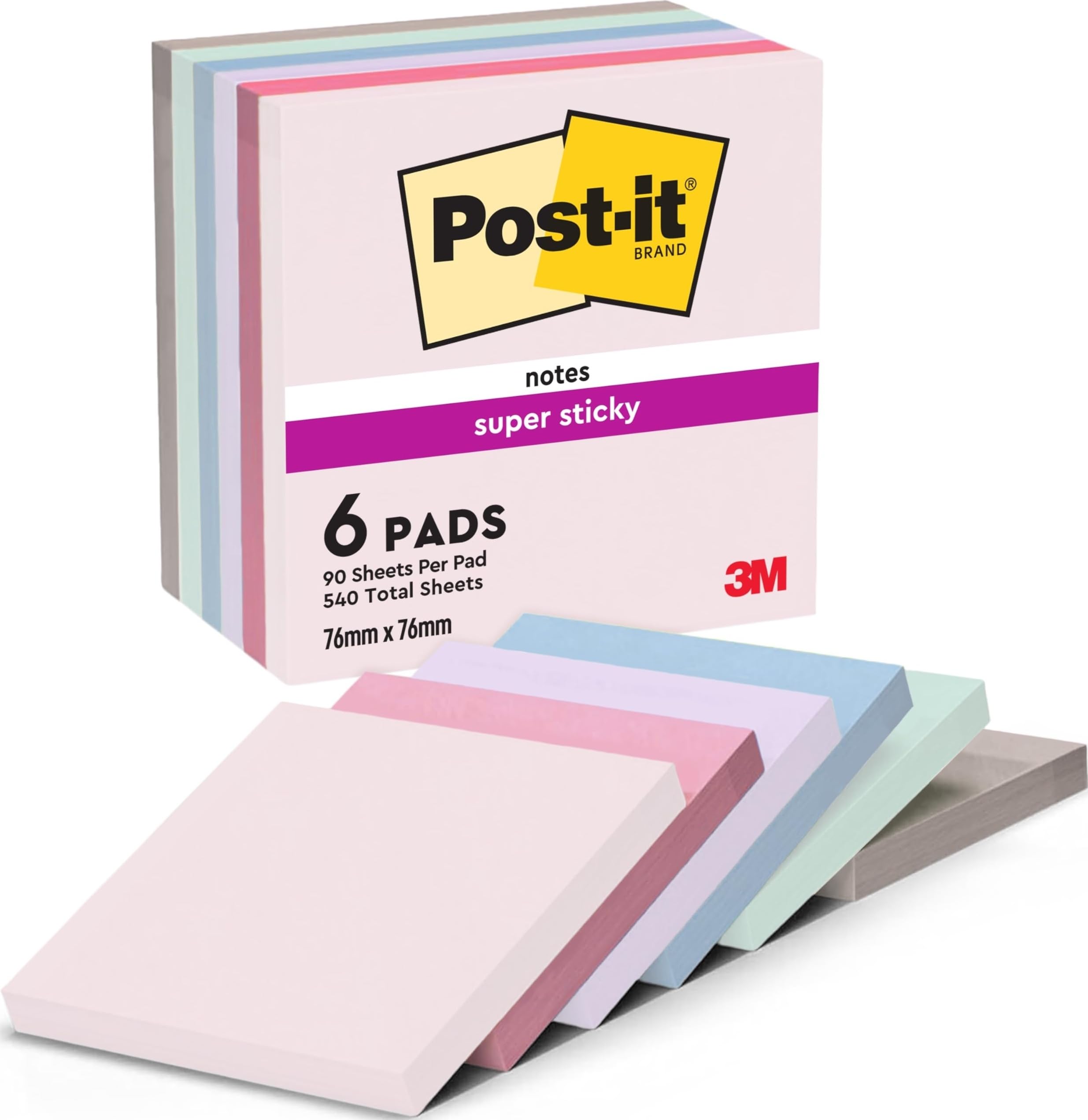 Post-It Soulful Colour Collection Super Sticky Notes 76 X 76 Mm Assorted 90 Sheets Pack Of 6