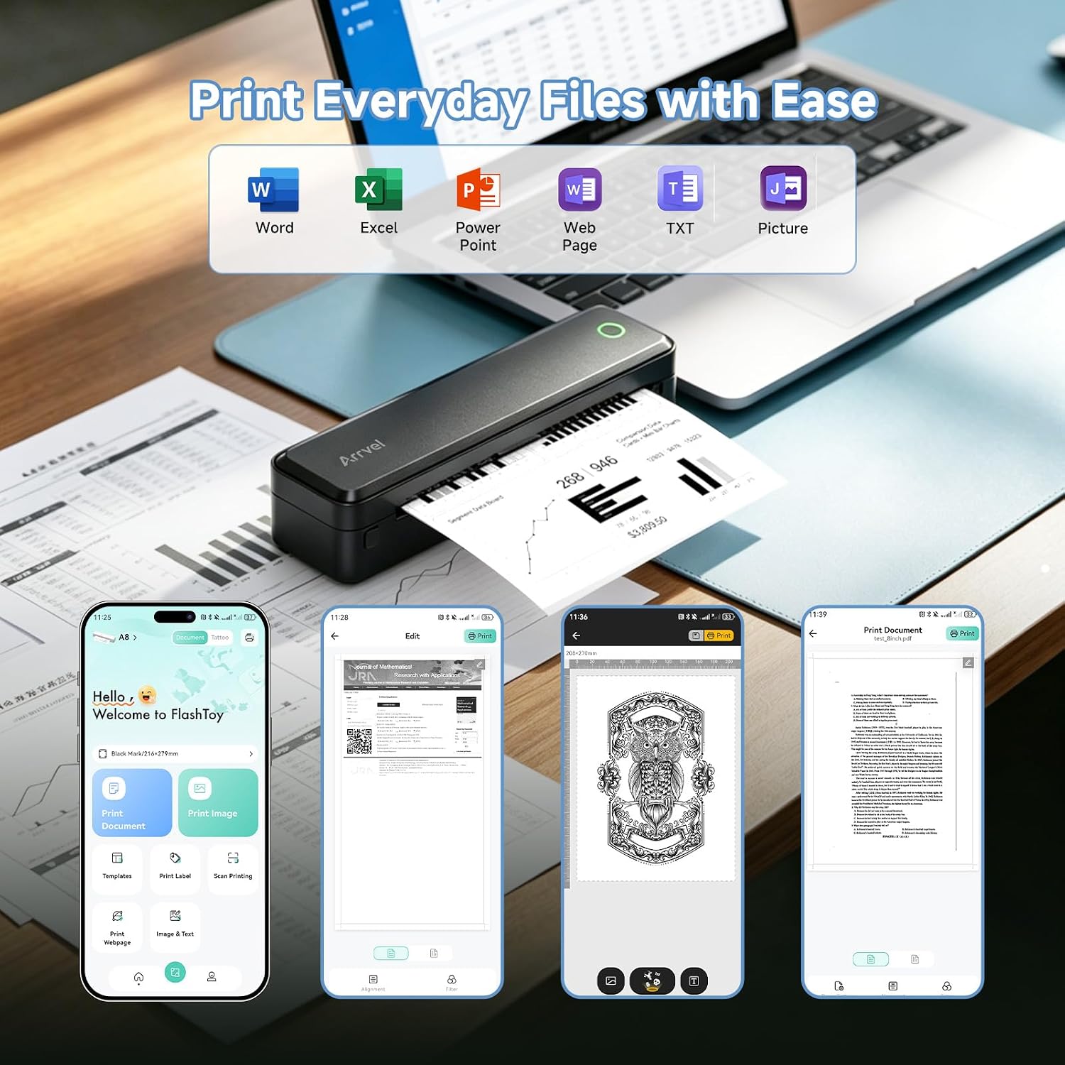 A8 Portable Thermal Printer, Wireless Bluetooth Inkless Printer for Travel, Supports 8.5" x 11" US Letter and A4 Thermal Paper, Compatible with iPhone, Android, Windows, Mac (Black)