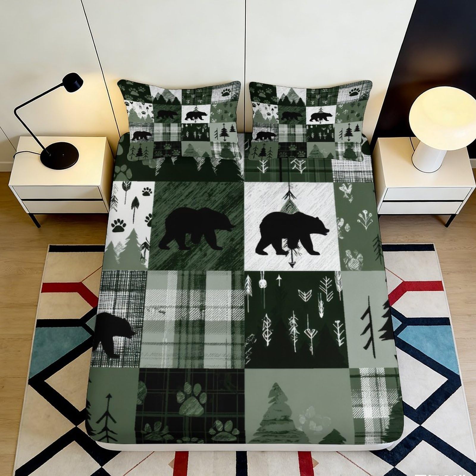 3D Printed Forest Bear Fitted Sheet Microfiber Soft Green Plaid Pine Tree Mattress Cover for Bedroom Guest Room Decor 200x200x25cm