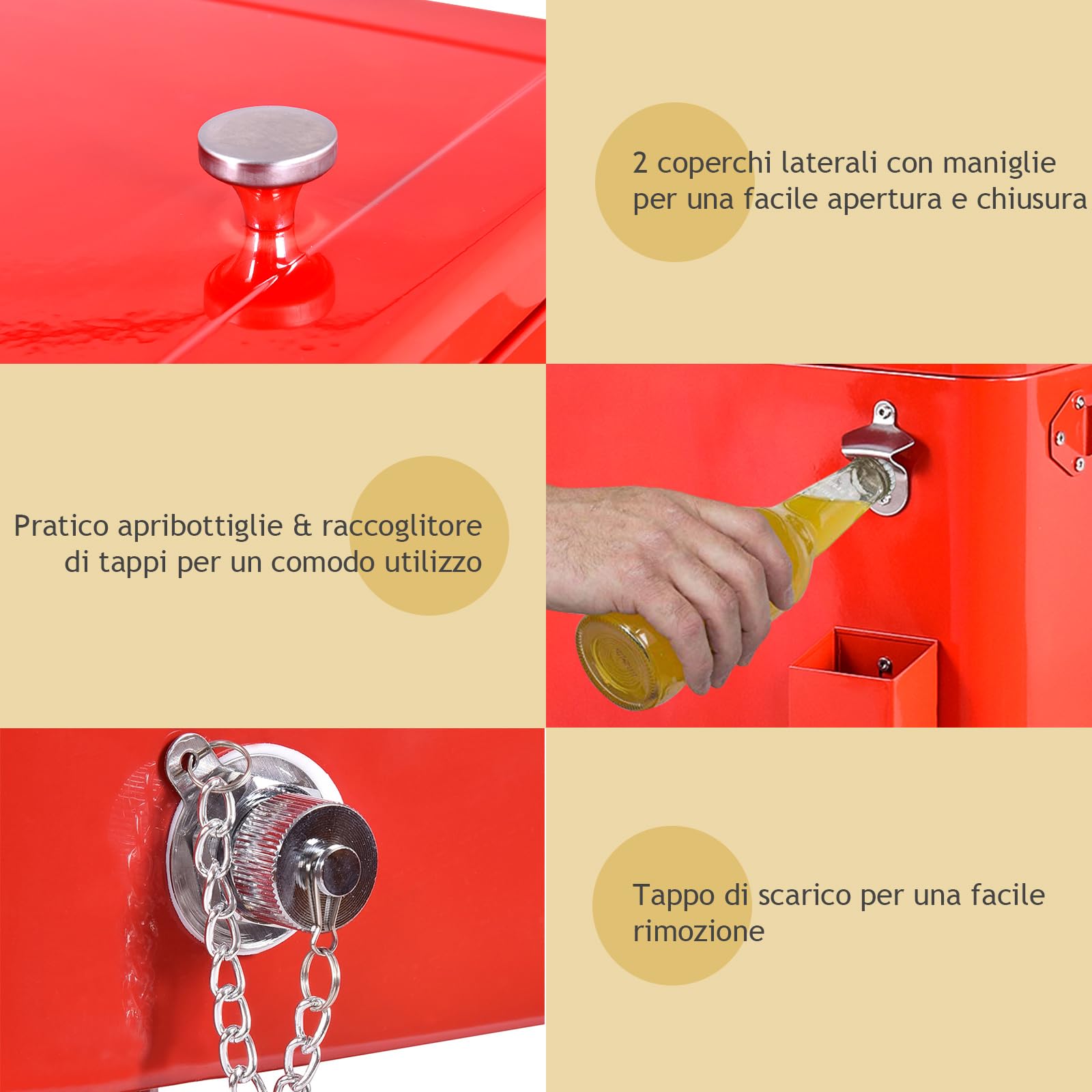 COSTWAY Carrello Portabevande da Giardino 76L Mantiene Freddo e Caldo con Ruote Rosso