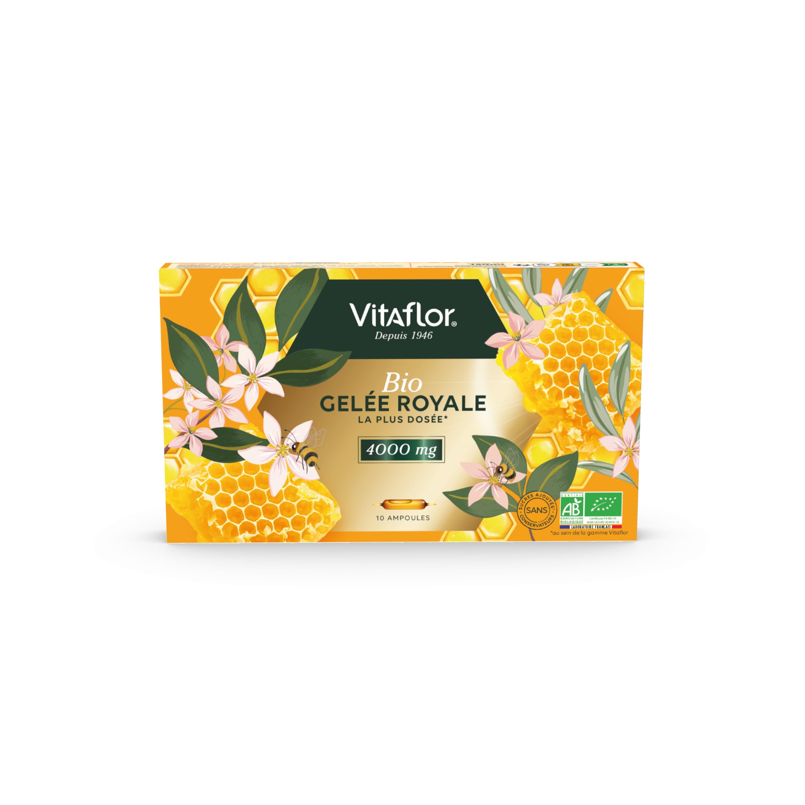 VITAFLOR Gelée Royale Bio 4000 mg | Boîte de 10 Ampoules | Programme de 10 Jours | Goût Orange