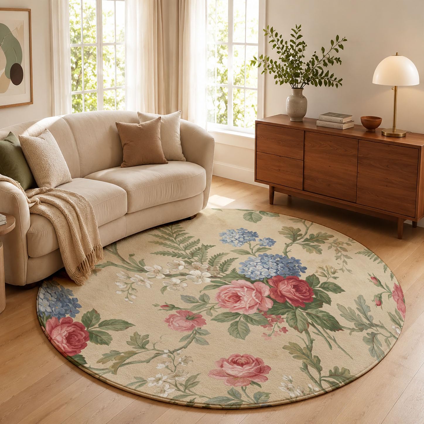 Tapis Rond de Salon Style rétro champêtre 100cm Chambre Antidérapant