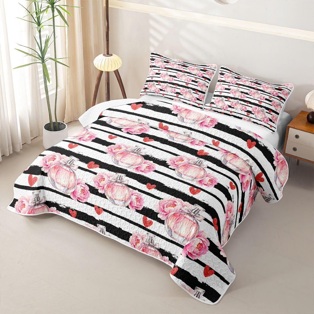 Feelyou Perfume Quilt Set Full Size White Pink and Black Comforter Set for Girls Perfume Bedspreads with 2 Pillowcases Gifts for Girls Bedding LightweightFlower