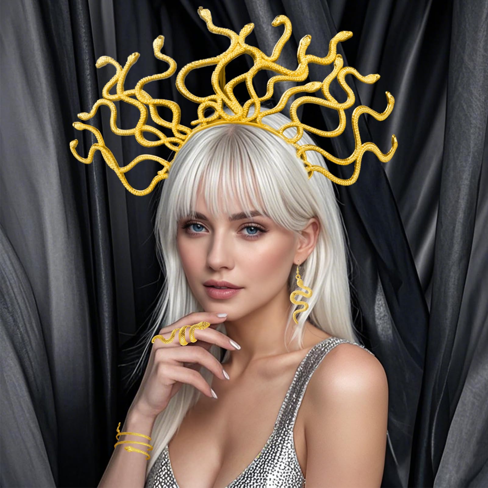 HarnyLoom Medusa Snake Headband Costume Medusa Headpiece Set Women Snake Gold Headband Necklace Ring Choker Chain Headpiece for Carnival Party Cosplay Accessories - Image 4