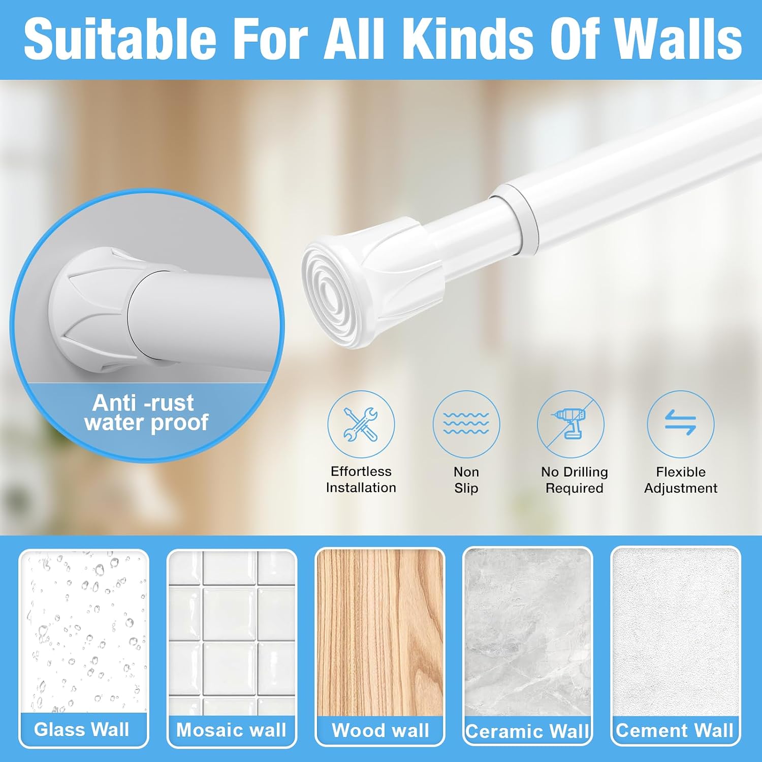 6 Pack Spring Tension Curtain Rods 28-48 Inches,5/8" Diameter White Spring Load Adjustable Expandable,Small Short Tension Curtain Rod for Windows,Kitchen,Doorway,Bathroom,Cupboard Bars
