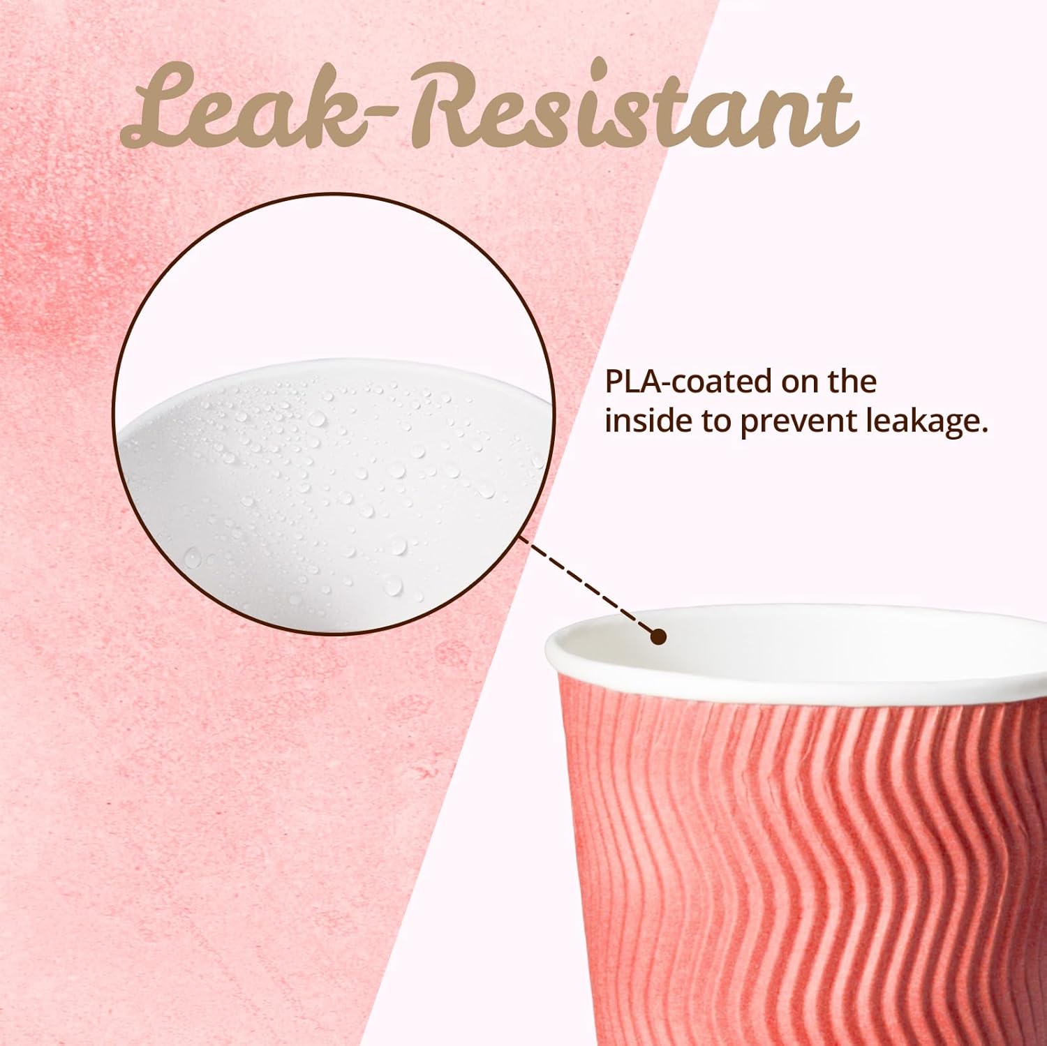 MATICAN Paper Coffee Cups, 100-Pack 12-oz Insulated Corrugated Disposable Paper Cups, Ripple Wall Cups for Hot Beverage or Cold Drinks, Coral (No Lids) - Image 5