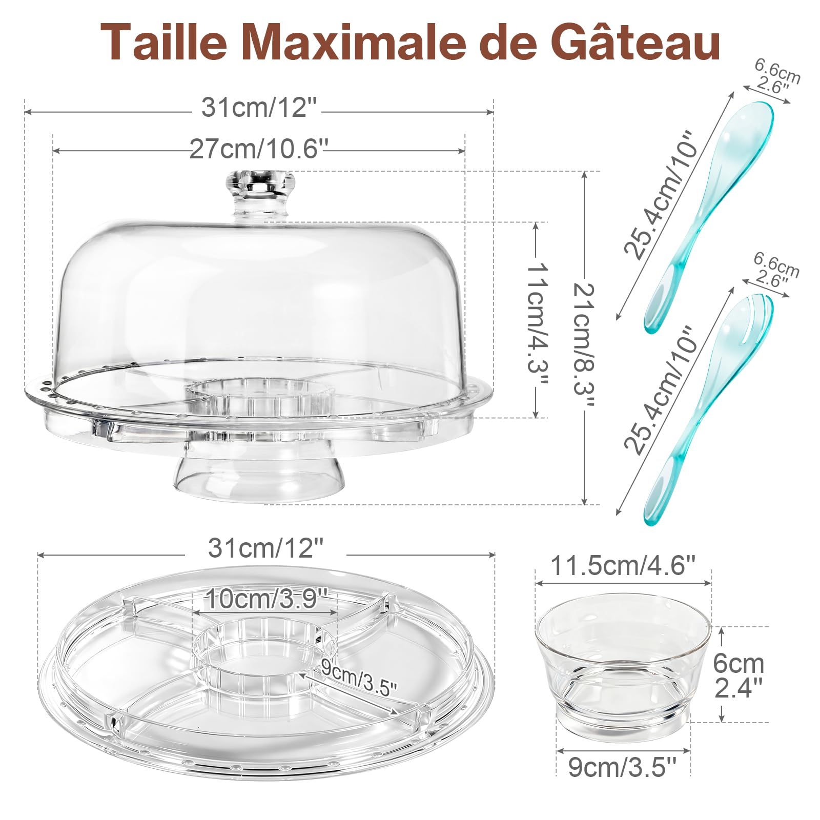 MASTERTOP Cloche à Gâteaux Transparent avec Plateau Réversible, Stand à Gâteaux Multifonctionelle avec Dôme, Boîte à Gâteaux Ronde en Plastique avec Couvercle pour Pâtisserie/Desserts