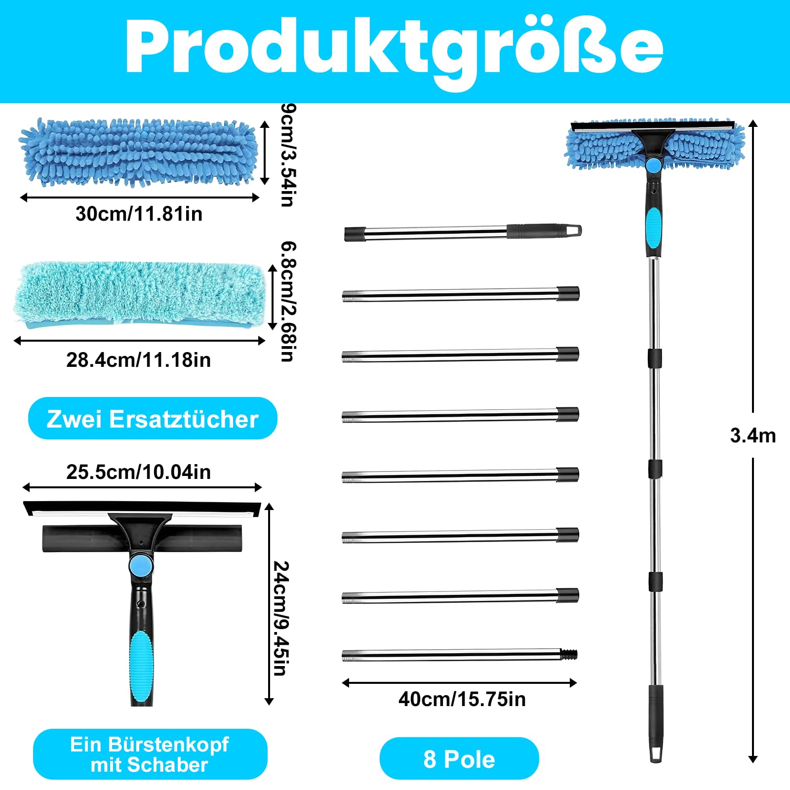 Szczotka do czyszczenia okien z długim uchwytem, 3,2 m, profesjonalna myjka do okien z wymienną ściereczką i ściągaczem do okien, drążek teleskopowy, zestaw do czyszczenia wysokich okien wewnątrz i na