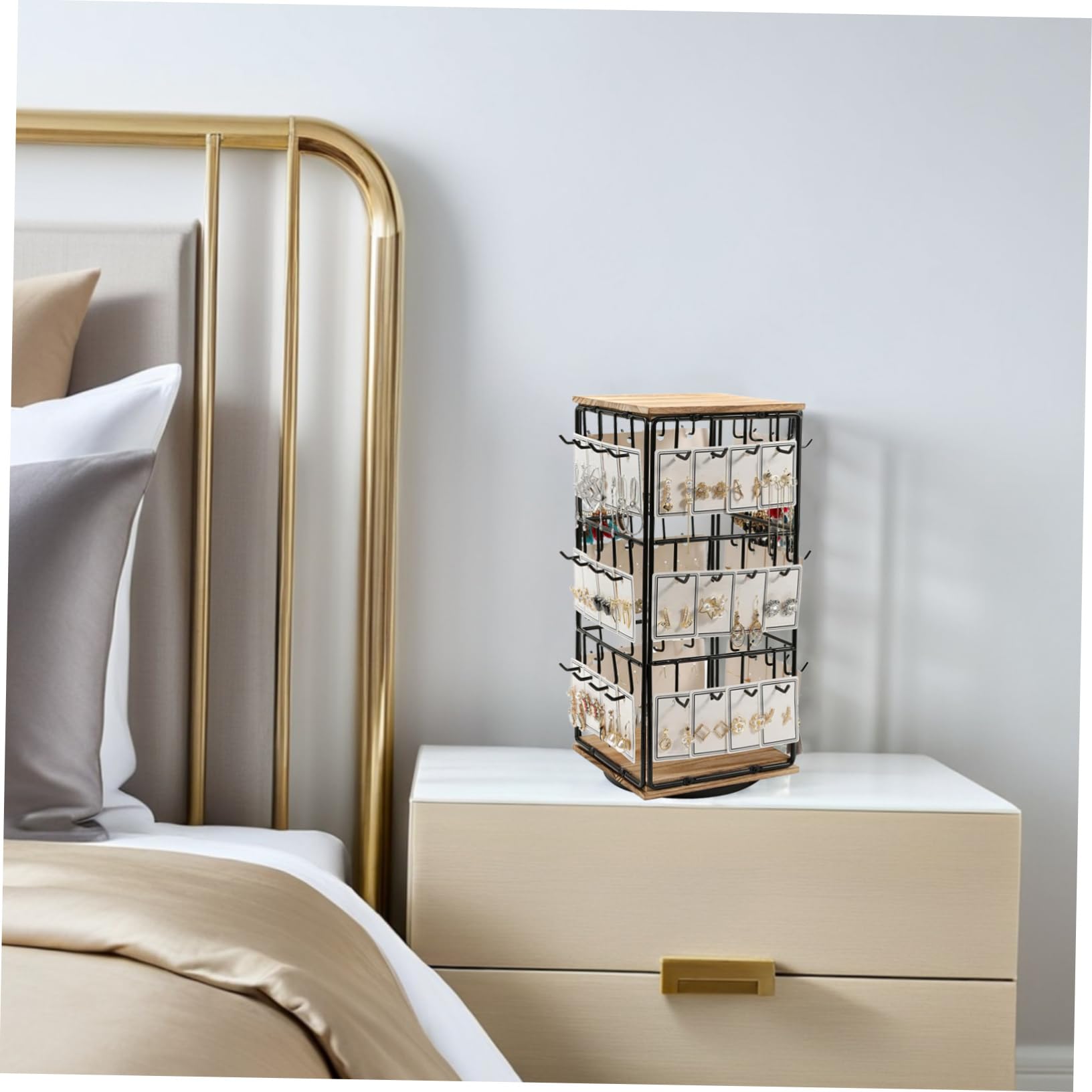 Garneck Espositore Girevole a 360° Marrone per Orecchini in Legno Design Salvaspazio Multifunzionale, Organizer per Gioielli e Piano D'appoggio per Vanità