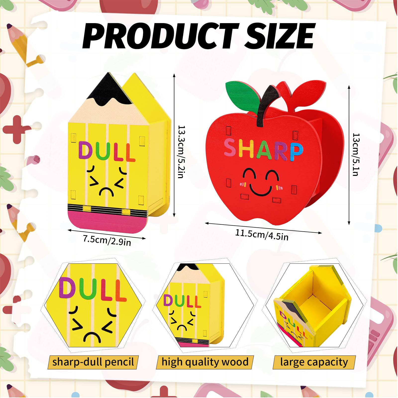 FYSUIMU Stiftehalter, scharf, stumpf, lustig, Cartoon-Bleistift, Apfel, DIY, Holzspender, Aufbewahrung für Schulanfang, Lehrer, Klassenzimmer, Organisation, 2 Stück