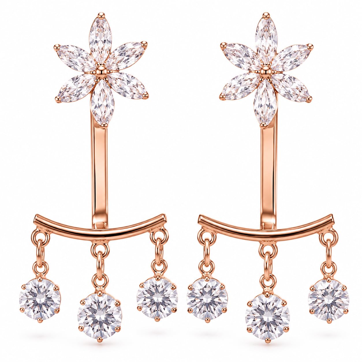 Rose Gold Flower Stud Earrings with AD Dangling Charms-image-18