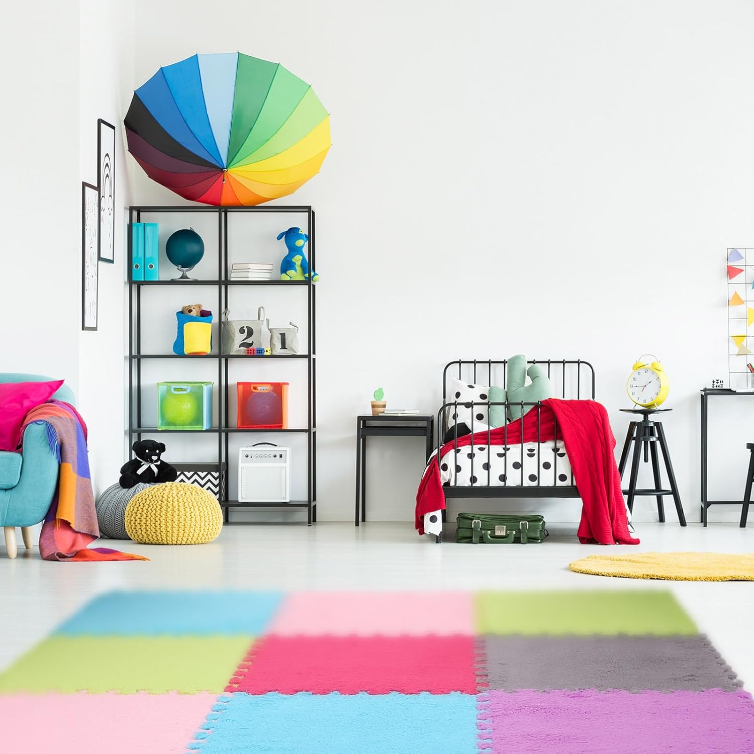 Timgle 18 Pcs Interlocking Carpet Plush Foam Shaggy Soft Square Carpet Tiles with Border 12" Fluffy Colorful Floor Mats 0.4" Thick Protective Puzzle Playroom Area Rug Playmat for Bedroom