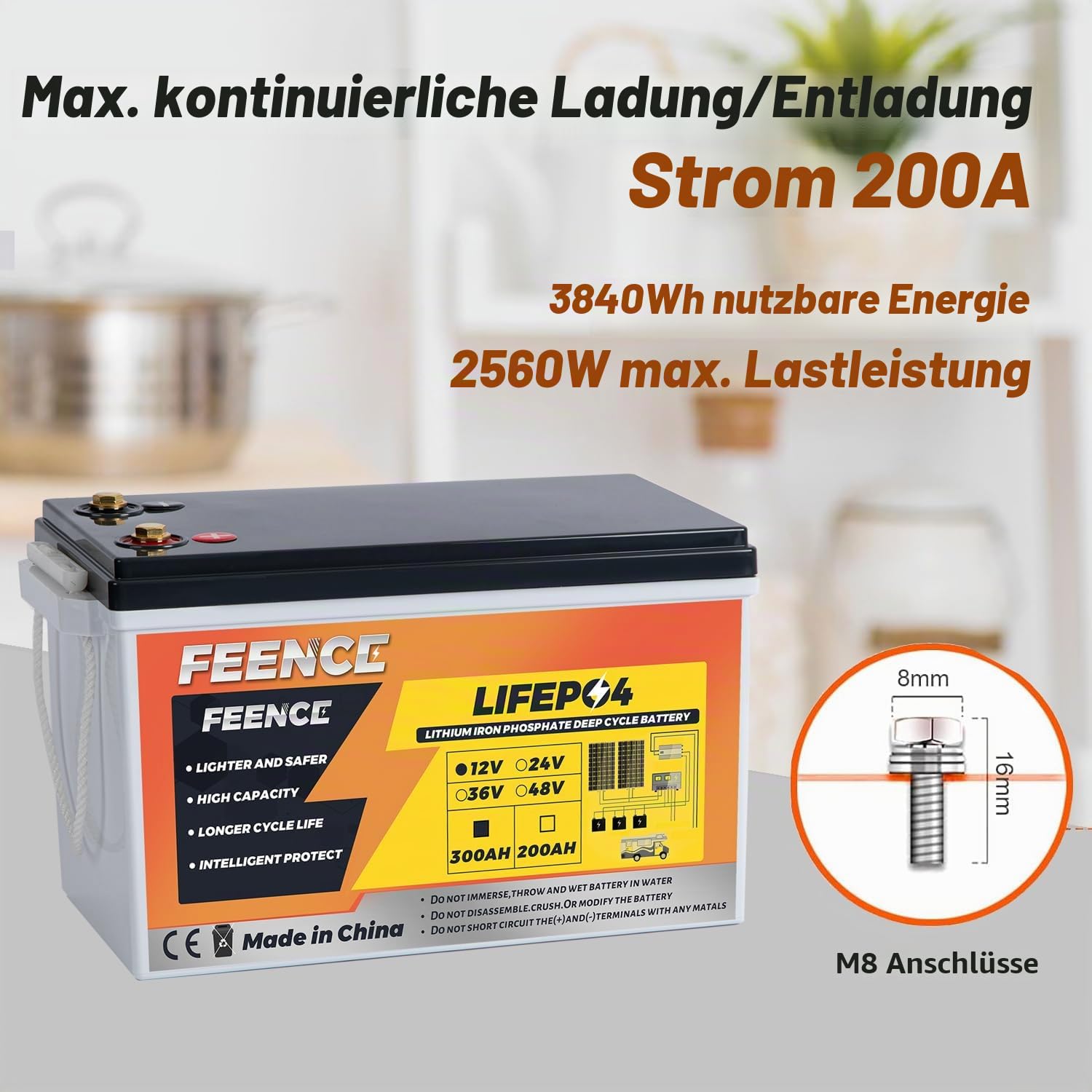 LiFePO4 300Ah 12V Lithium Akku, 3840Wh Lithium Batterie mit 200A BMS, max. 15.000 Ladezyklen, idealer Ersatz für Bleiakkus in Wohnmobilen, Solaranlagen, Booten, Solarmodul-Sets und beim Camping.
