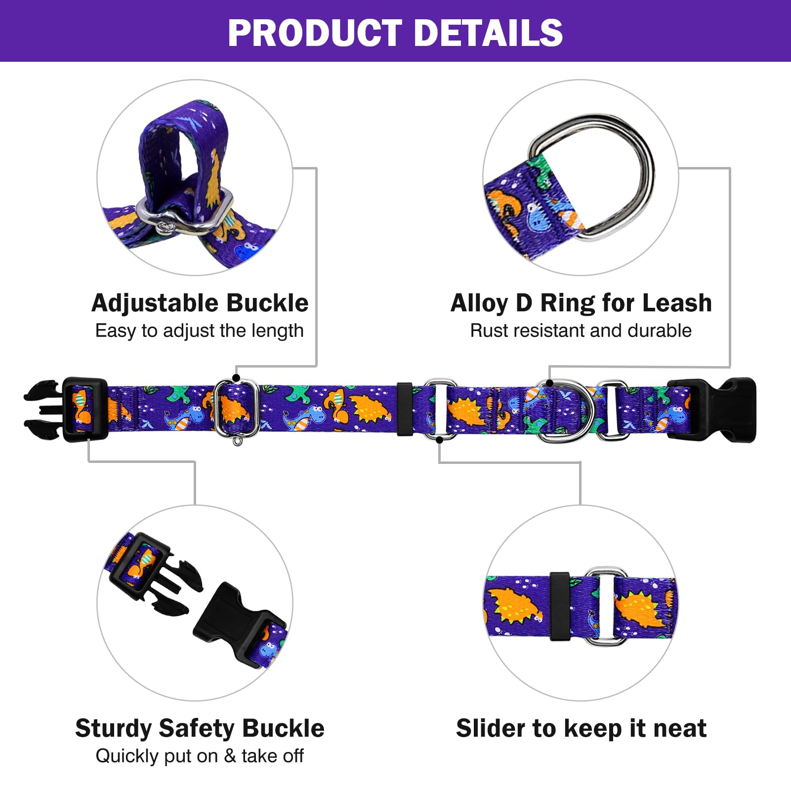 Hikiko Martingale Halsband für Hunde, niedliches Dinosaurier-Hundehalsband für kleine, mittelgroße und große Hunde, bequemes Nylon, lustige Hundehalsbänder (Dinosaurier, klein)