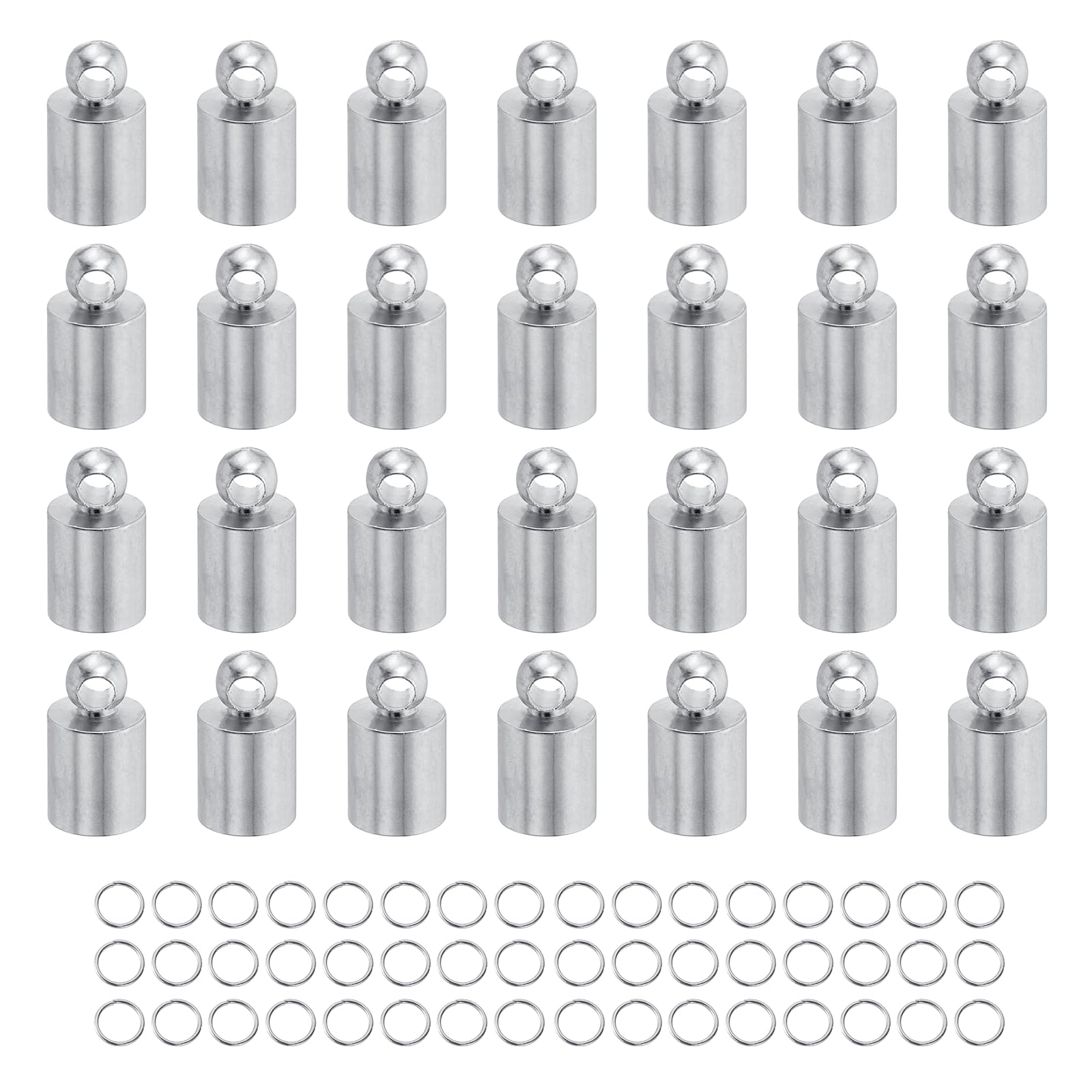sourcing map 100Pcs Leather Cord End Caps, 4.5mm ID Tassel Barrel End Caps with Jump Rings for Jewelry Making Findings DIY Bracelet Necklace, Bright Silver Tone