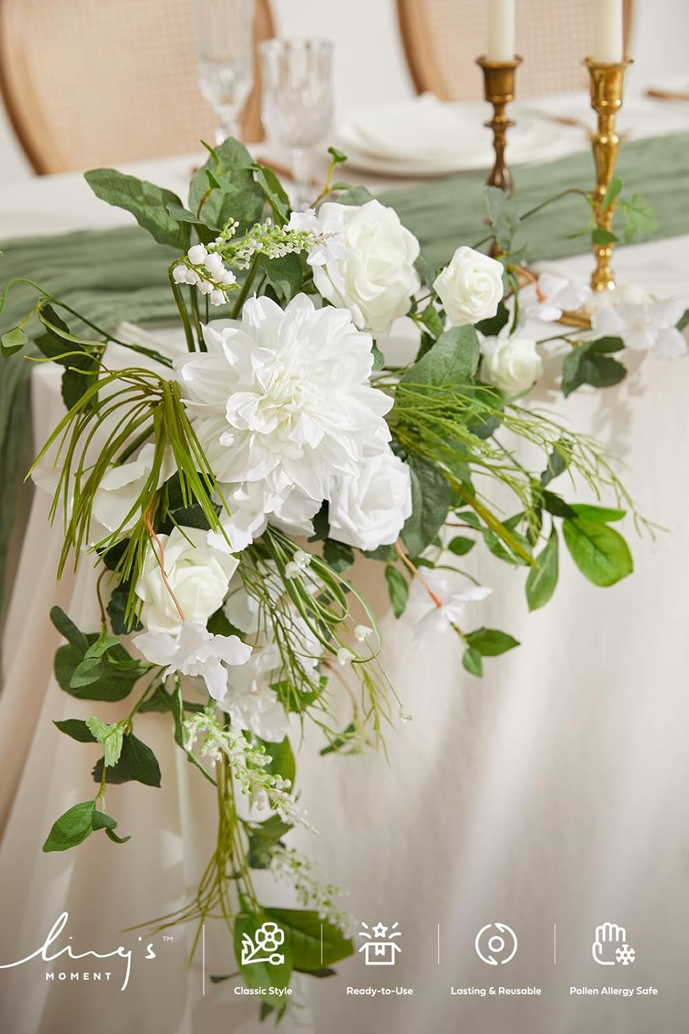 Ling's moment 2PCS White Sage Arch Flowers Artificial Floral Swags Wedding Centerpieces Faux Flower Garland Greenery Arrangements for Table Backdrop Easel Wall Entryway Outdoor Board