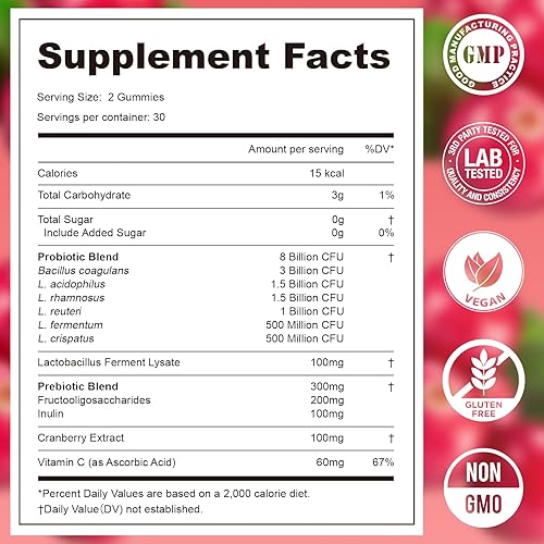 Miniatura 7 de Gomitas de probióticos vaginales para mujeres, suplemento de equilibrio de pH femenino con Pre+Pro+Postbiótico y vitamina C - Apoya la salud