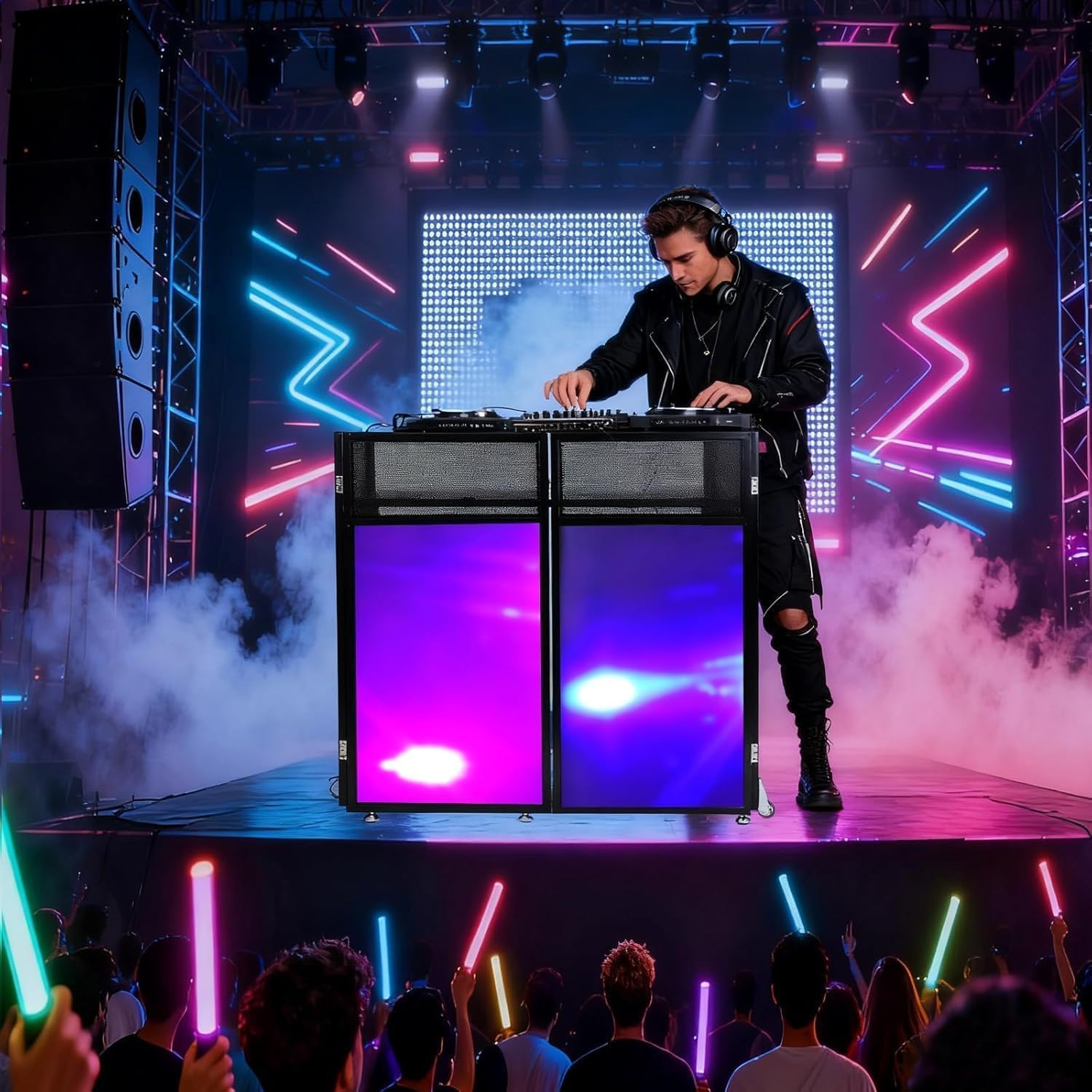 Upgraded Portable DJ Booth with Wheels, 44" x 20" DJ Stage Setup with Replaceable Black and White Scrims, Folding Portable Bar Table for Party, Wedding, Events - 2