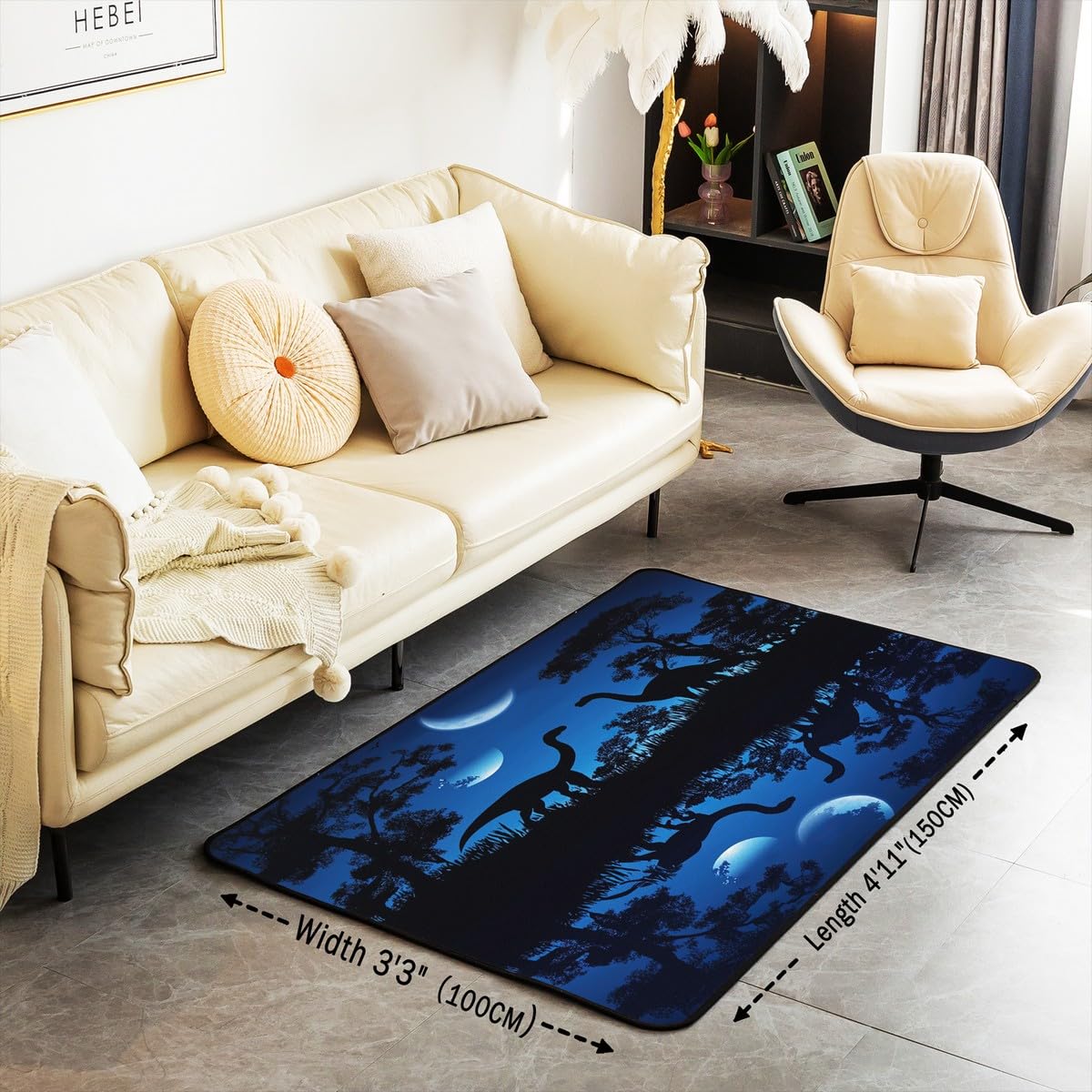 Homemissing Dinosaurier Teppich 100x150cm Für Kinder Jungen Mädchen 3D Dino Drucken Modern Teppich Ultrar Dschungel Dino Wohnzimmerteppich Wildes Tier Küchenteppich Mondlicht in der Nacht