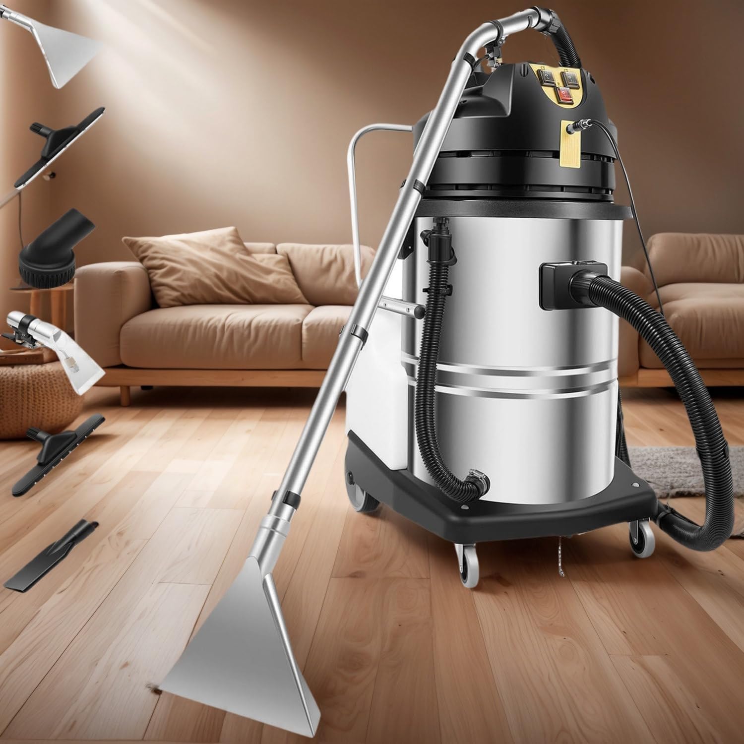 60L/20L Commercial Carpet Cleaner, 2-in-1 Wet Dry Vacuum for Carpet, Floor & Auto Detailing, 2110W Power, 250mbar Suction, Stainless Steel, 6 Accessories, Portable & Efficient