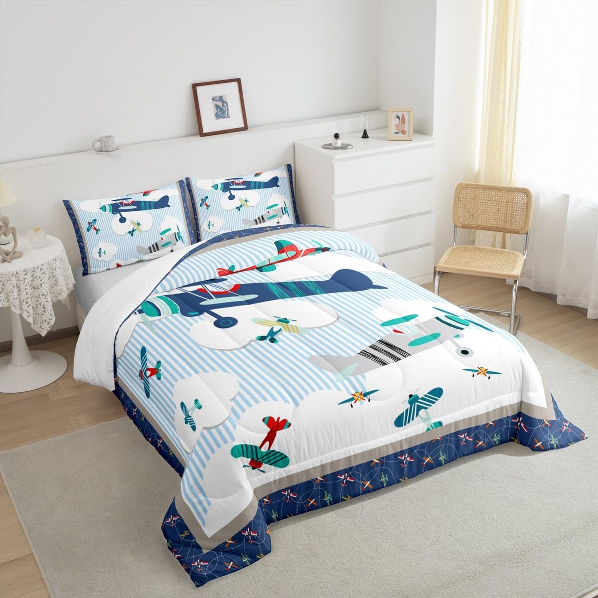 Castle Fairy Airplane Comforter Set Queen Size Blue Stripes Bedding Set for Kids Boys Girls Bedroom Decoration Aviation Aircraft Bed Duvet Insert Modern Airplane Comforter with 2 Pillowcase