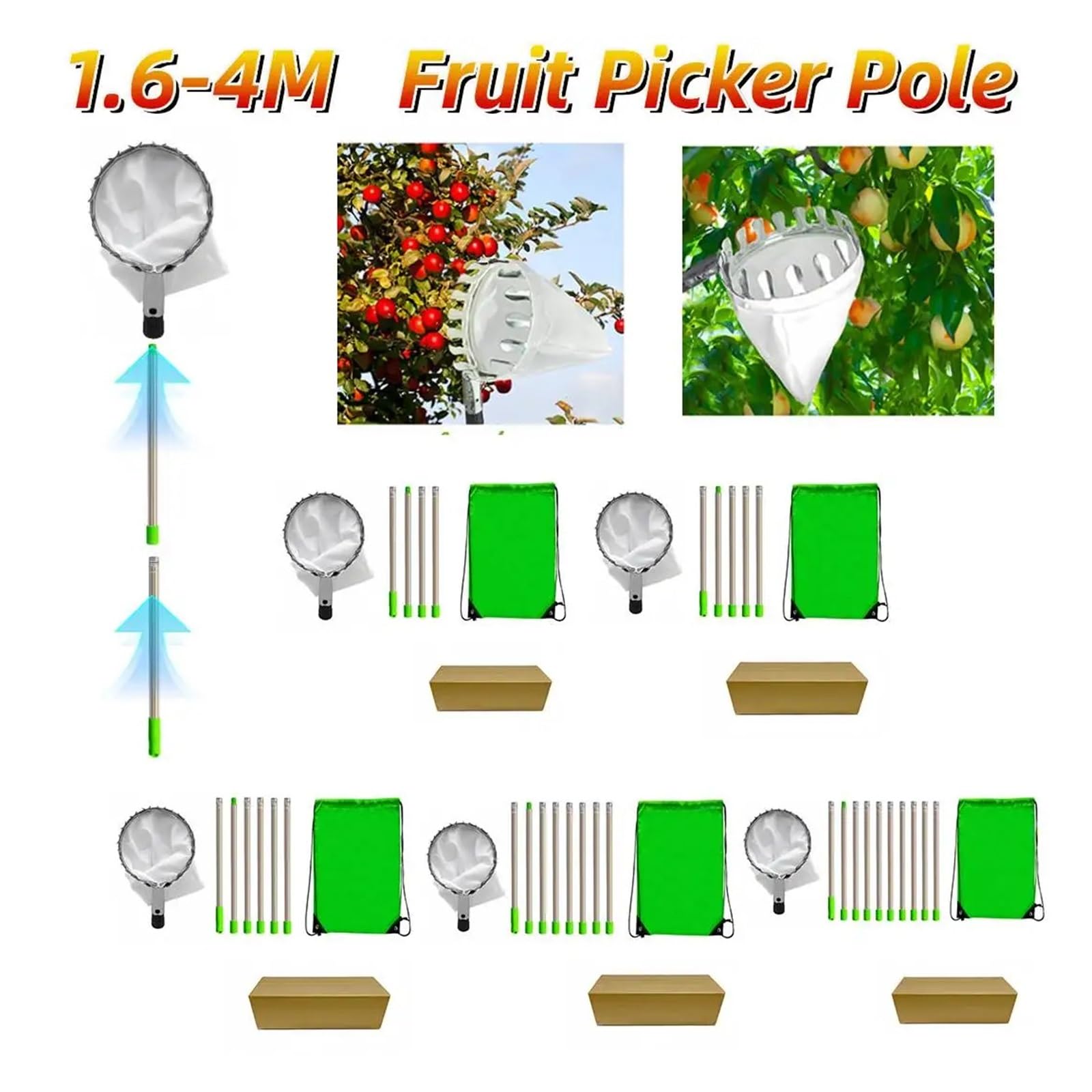 Cueille Fruit Perche à Fruits avec Panier télescopique réglable de 1,6 à 4 m for cueillir Pommes, mangues, Citrons, Oranges et Cerises.(2.0m)