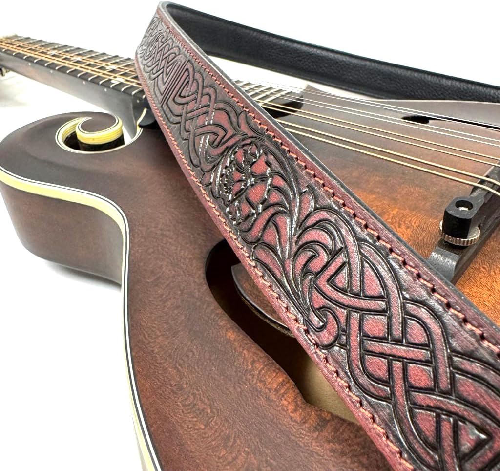 Walker And Williams M-20-RD Mahogany Red Leather Premium Padded Mandolin Strap With Celtic Chain Design, For Mandola, Bouzouki or Ukulele. For F And A Type Mandolins