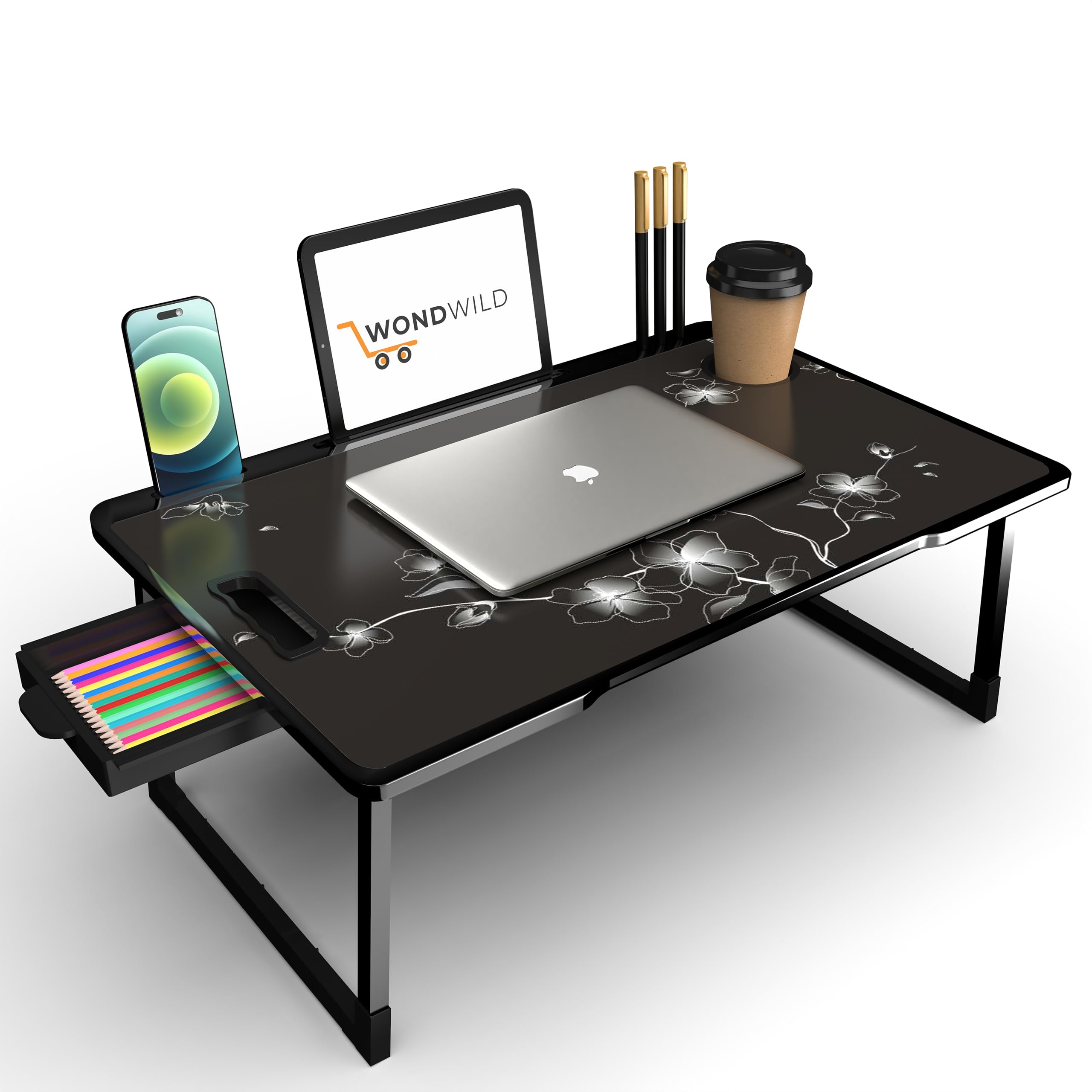 WONDWILD Smart Multipurpose Foldable Laptop Table with Cup Holder, Study Table, Bed Table, Breakfast Table, Foldable and Portable/Ergonomic & Rounded Edges/Non-Slip Legs (ABS Flowers)-picture-32