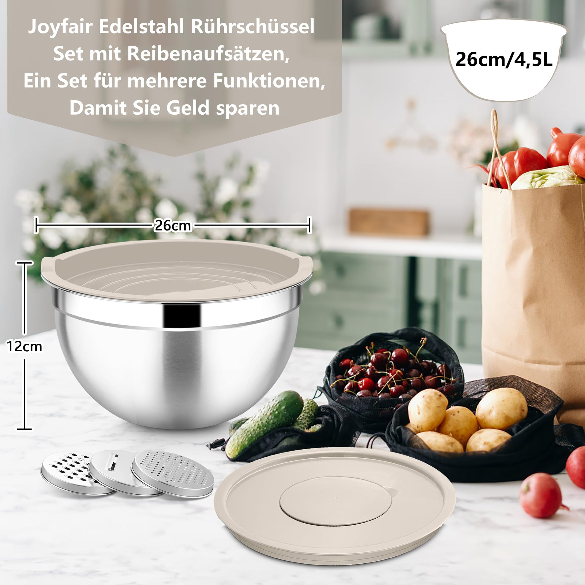 Joyfair Rührschüssel, 4,5 L Edelstahl Salatschüssel Schüssel mit Luftdichten Deckel & Abnehmbarem Deckel, Schüsseln mit 3 Reibenaufsätzen zum Backen/Kochen/Zubereiten, Spülmaschinenfest - Khaki