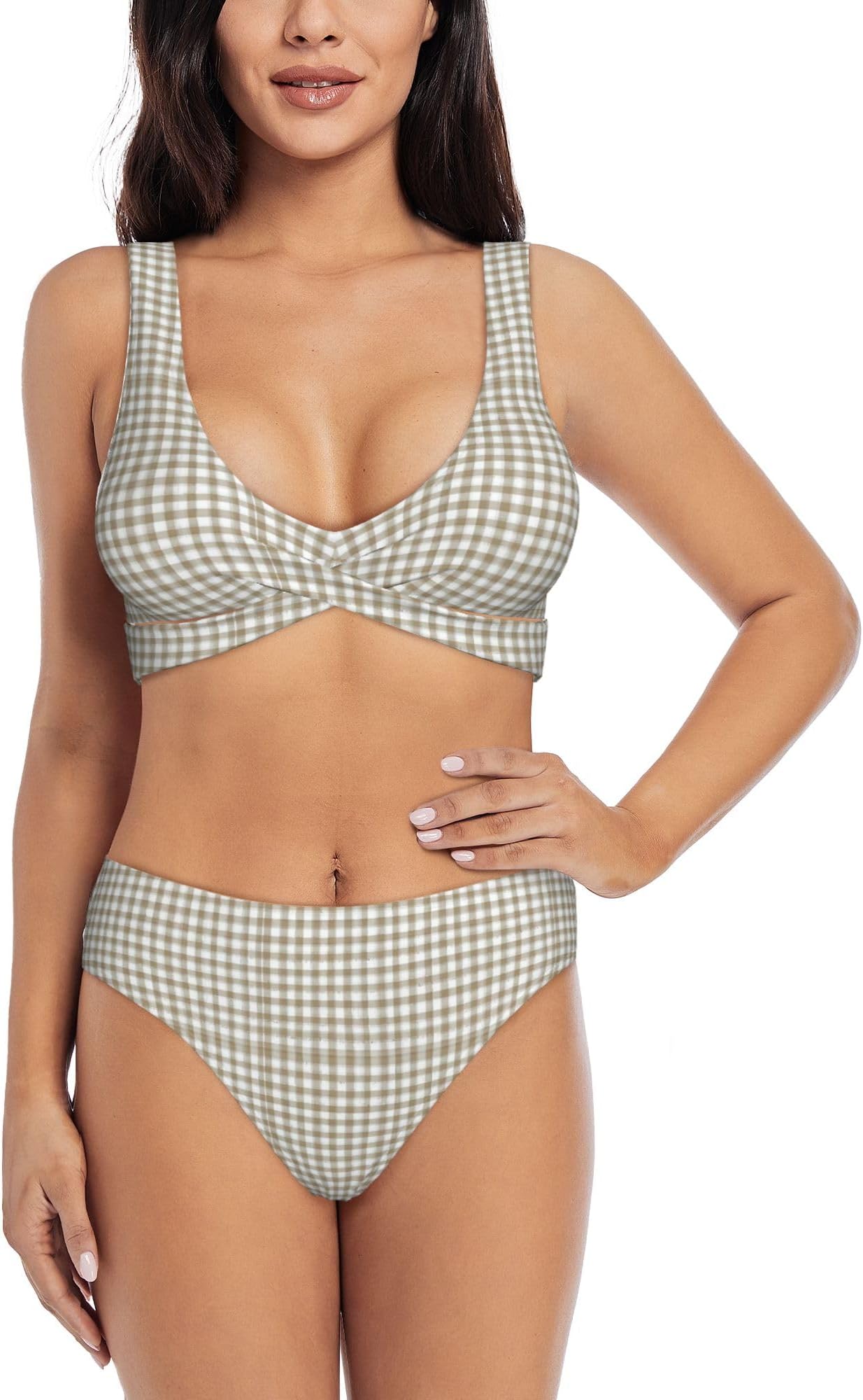 Beige Gingham 1 for Womens Two Piece Bathing Suits Bikini Sets Push Up Swimsuits