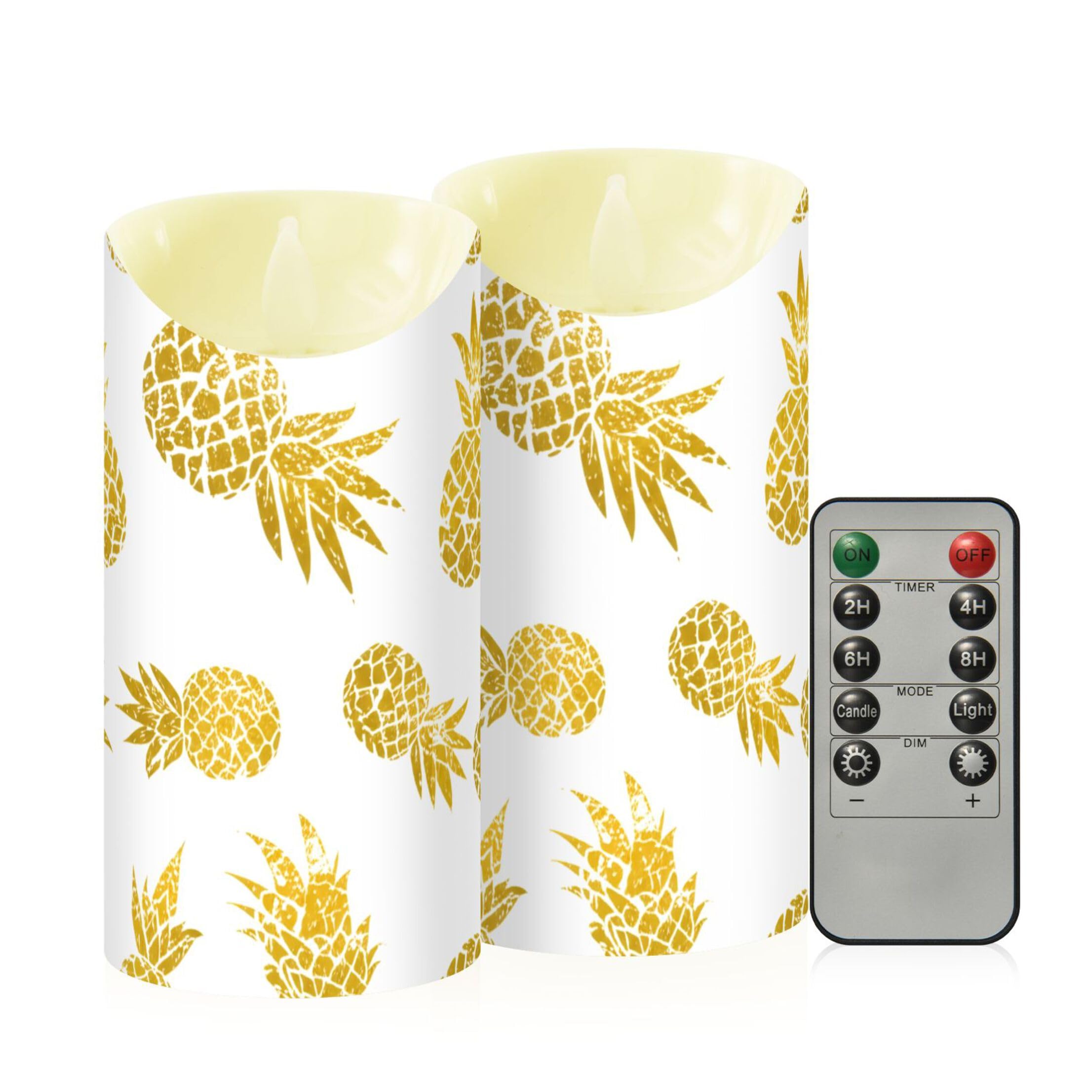 Sevdomey Golden Pineapples Flameless Candles with Remote Control, Realistic Flame Candles, 24H Timer Battery Operated LED Battery Candles for Home Decor