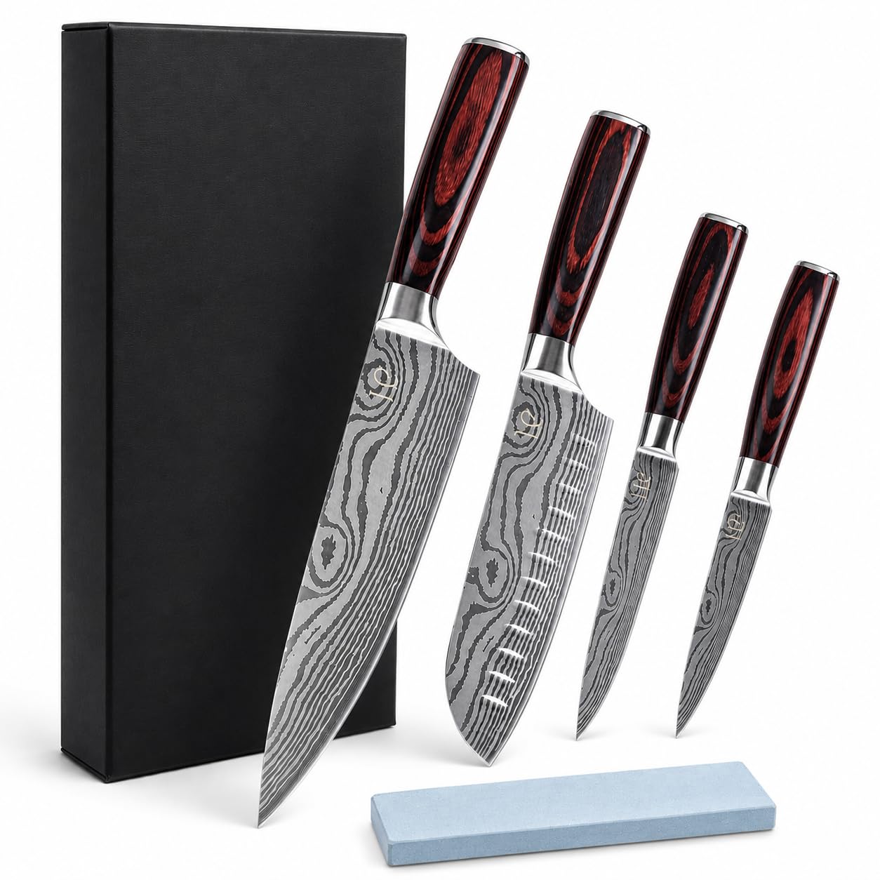 Set de 4 Couteaux Japonais avec Pierre à Aiguiser – Chef, Santoku, Utilitaire, Office – Motif Damas – Manche Bois Pakka – Coffret Cadeau à offrir