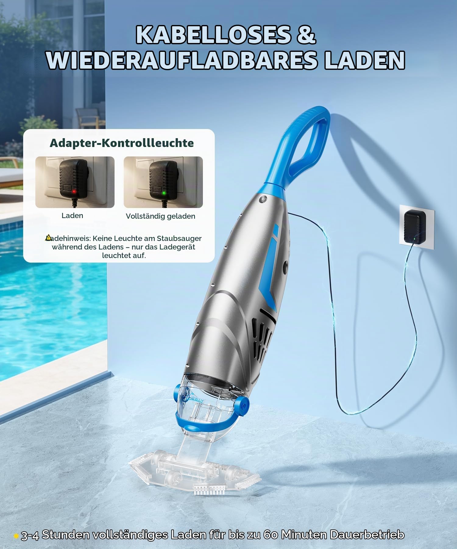 UIRWAY V3 Poolsauger Akku Bodensauger, 6000 L/H 26,5 GPM Hochleistungs-Saugkraft Kieselsteine, 2026 Neuer IPX8 Handpoolsauger mit Pool Sauger akku elektrisch, 2 Saugköpfe & 4 Filter, 60 Minuten