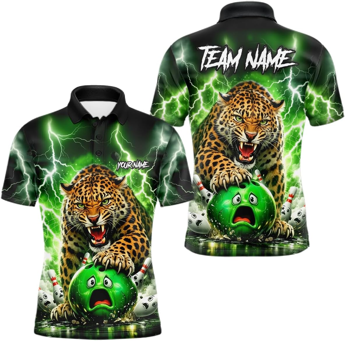 Green Leopard Bowling Shirts for Team Men Women Leopard Bowling Jersey for Men Women Bowling Polo and 1/4 Zip League
