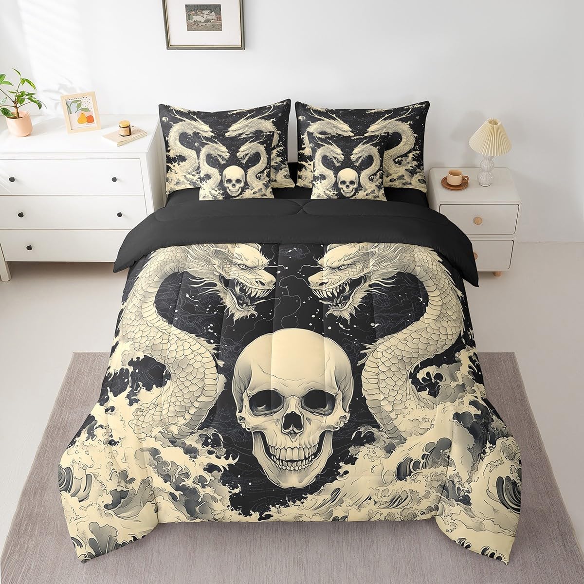 Erosebridal Gothic Dragon Bedding Set Full Size 7 Pcs,Sugar Skull Bed in a Bag with Flat Fitted Sheet,Dragon Scale Ancient Animal Comforter Set with Pillowcase and Sham,Ocean Wave Bed Sheets Set - Image 2