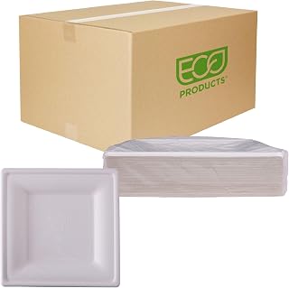 ECO PRODUCTS Compostable Vanguard 10" Square Paper Plates, Case of 250, Disposable White Molded Fiber, Tree-Free, Stronger Than Paper & Styrofoam, No-Added PFAS, ASTM Compliant, BPI-Certified