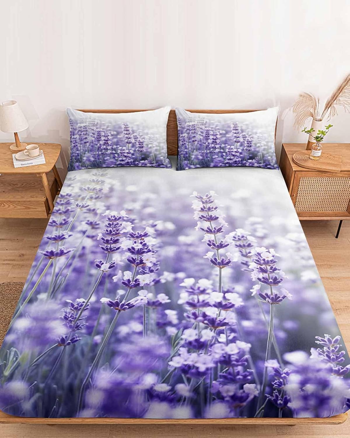 Bettlaken Lavendel Spannbettlaken 180x200cm Lila Blüten für Boxspringbett Weiche Mikrofaser Spannbetttuch 3D Spannbetttücher mit 2 Kissenbezug für Kinder Erwachsene XCW4627