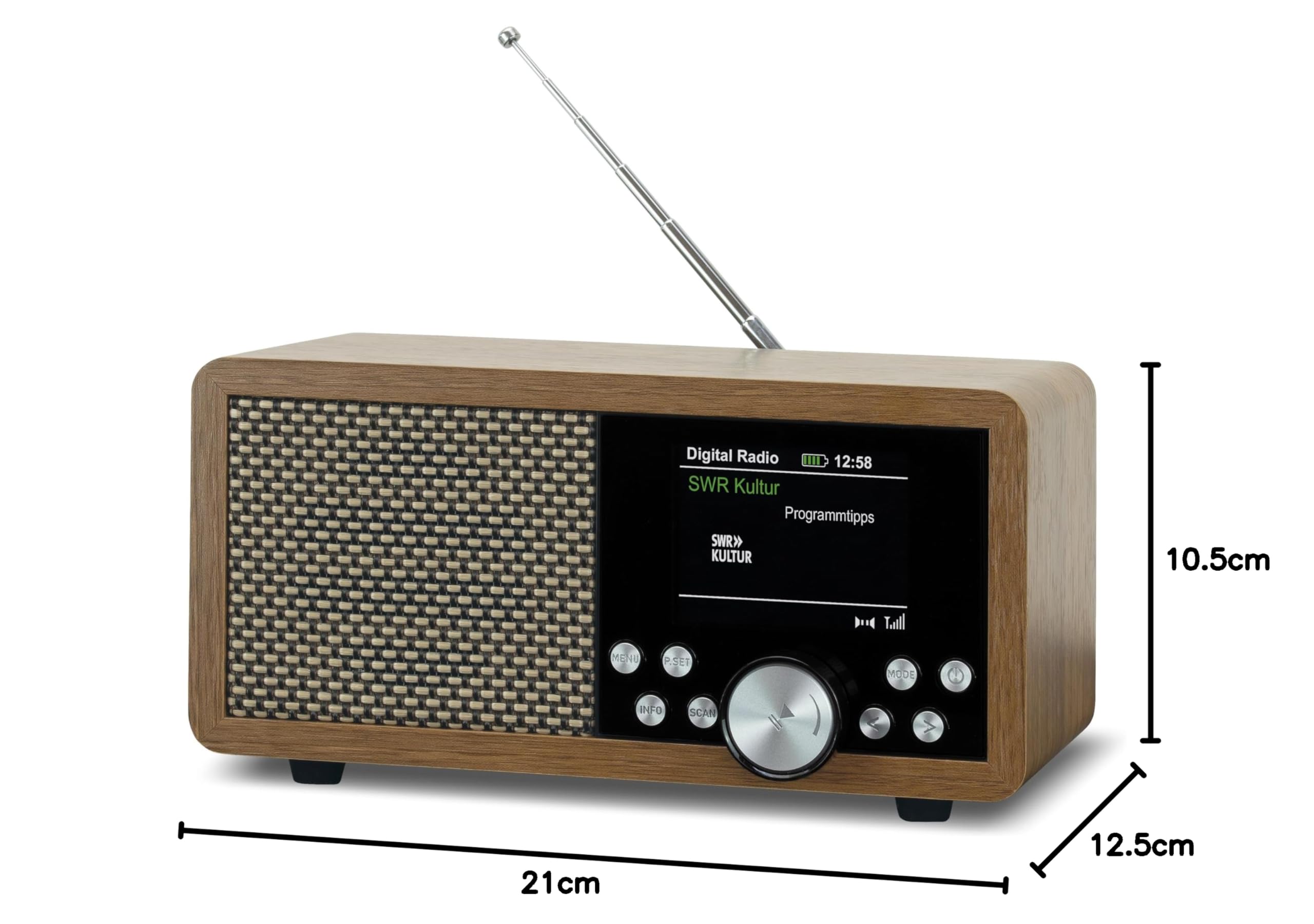 Dynavox DBT600 DAB+ Radio, tragbares, digitales UKW Radio, ideal als Küchenradio, Badradio, Büroradio, Wecker, BT, TFT-Display, Netz- oder Akku-Betrieb, USB/Micro-SD-Player, Holzdekor braun