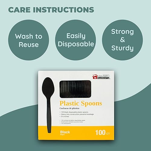 Miniatura 5 de Cucharas desechables de plástico negro, cubiertos de plástico utensilios para fiestas, picnics, oficina, hogar y escuela, 100 unidades